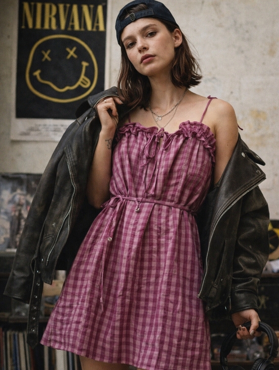 Topshop Dresses & Skirts - Topshop Pink Plaid Mini Dress Adjustable Straps Textured Stretch 90s Grunge Chic